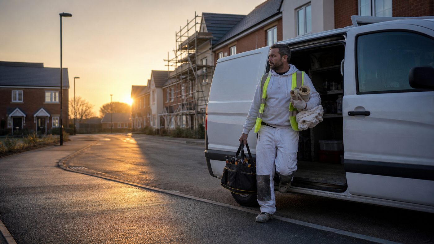 A decorator stepping out of a van at dawn on a site in Hampshire