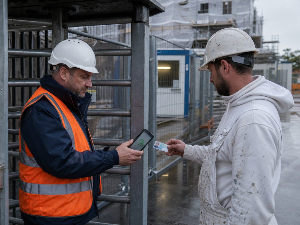 CSCS card being scanned at a construction site turnstile